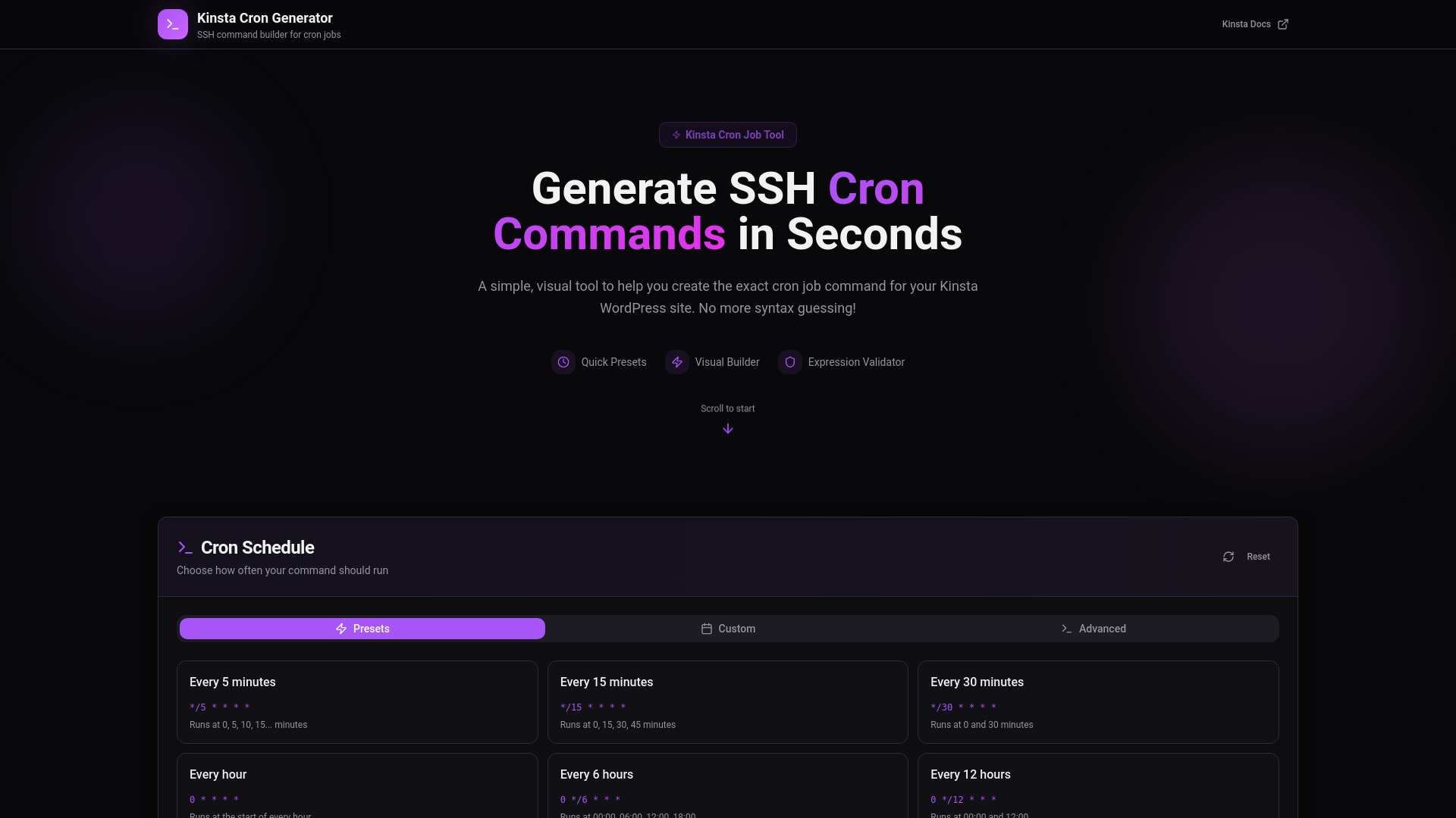 website screenshot of https://kinsta-cronjob-generator-zvbx9.kinsta.page