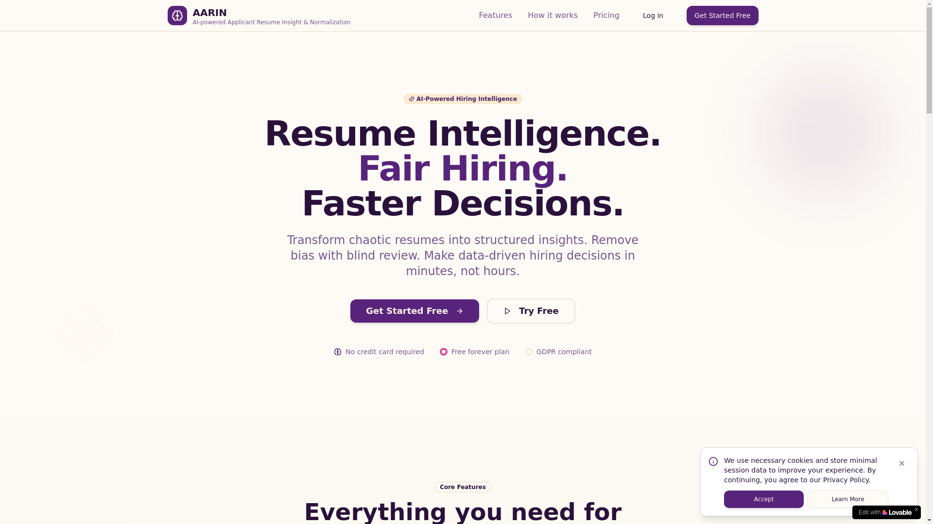 website screenshot of https://aarin.app/