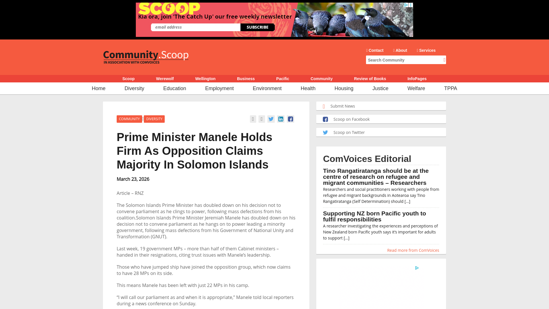 website screenshot of https://community.scoop.co.nz/2026/03/prime-minister-manele-holds-firm-as-opposition-claims-majority-in-solomon-islands/