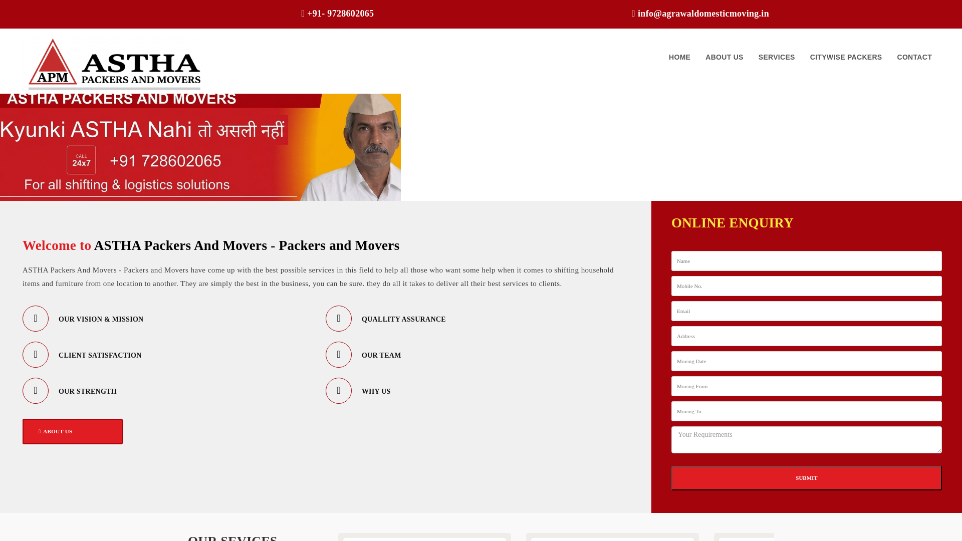 website screenshot of https://asthapackersandmovers.in/
