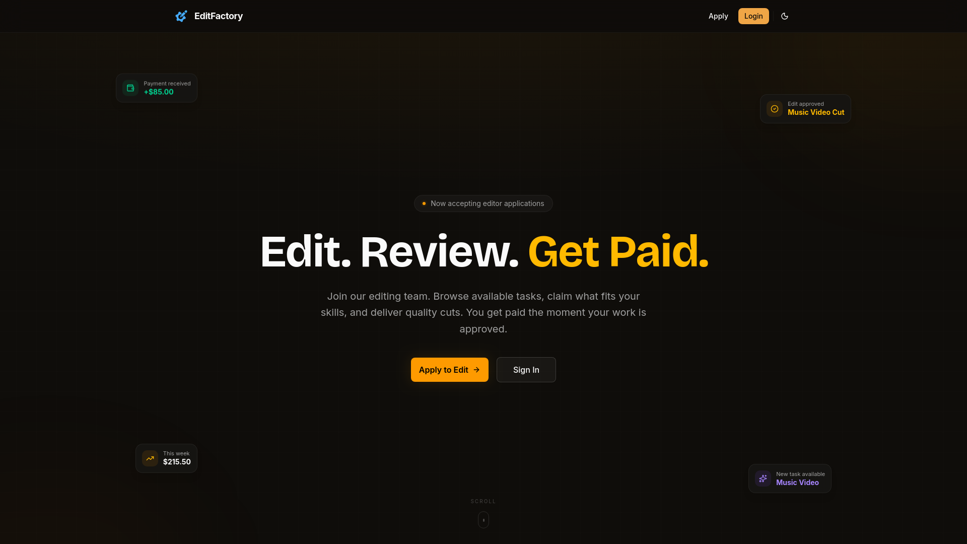 website screenshot of https://editfactory.io/