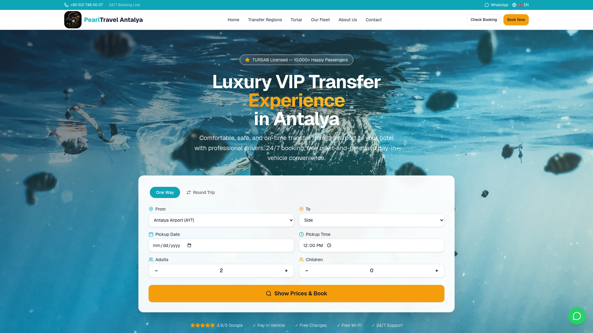 website screenshot of https://pearltravelantalya.com/