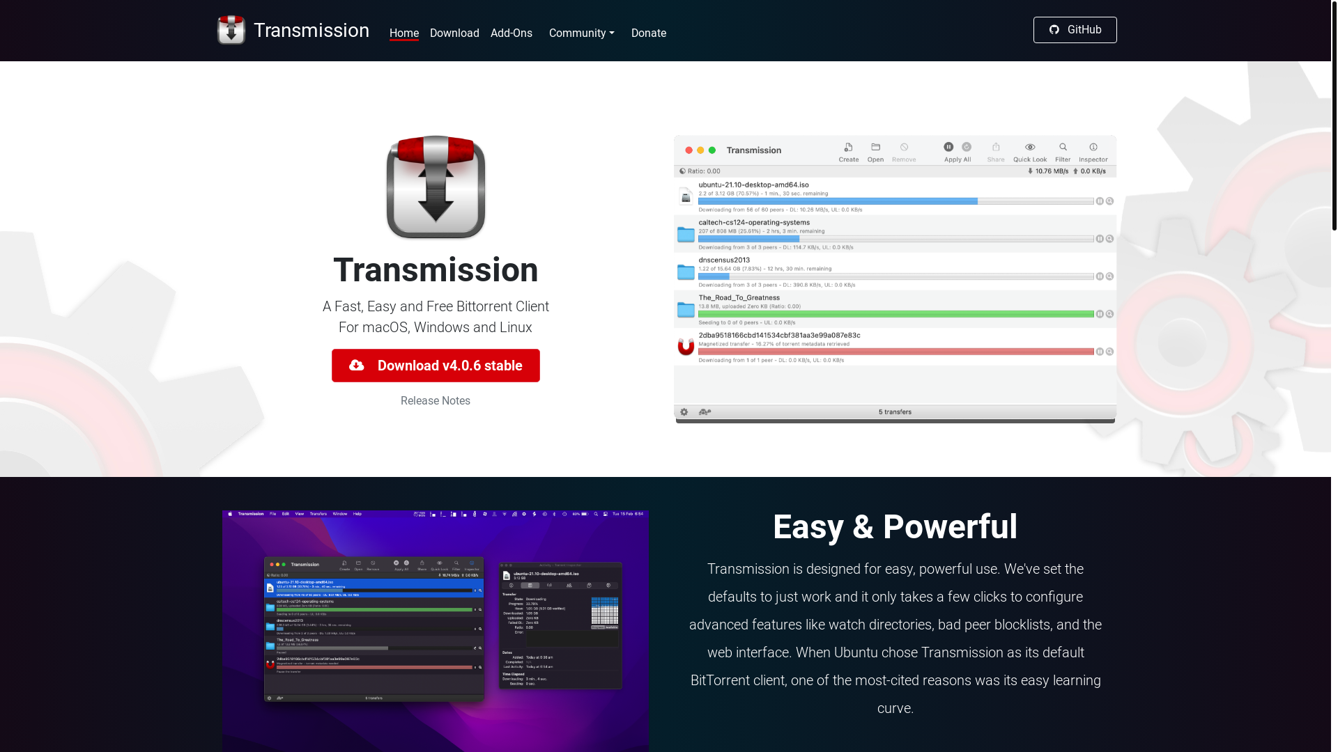 website screenshot of https://transmissionbt.com