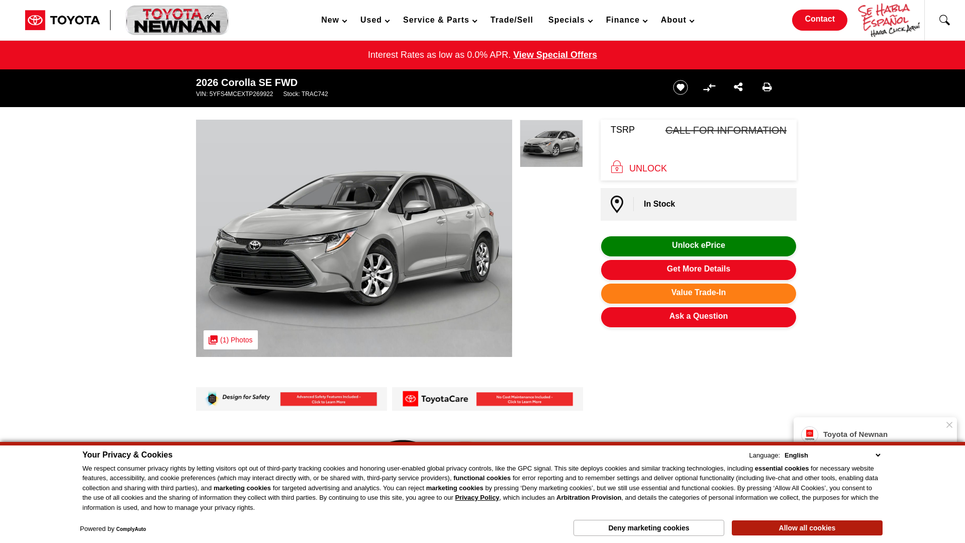 website screenshot of https://www.toyotaofnewnan.com/inventory/new-2026-toyota-corolla-se-fwd-4d-sedan-5yfs4mcextp269922/