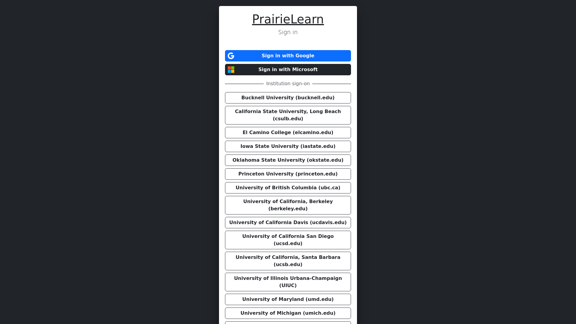 website screenshot of https://us.prairielearn.com