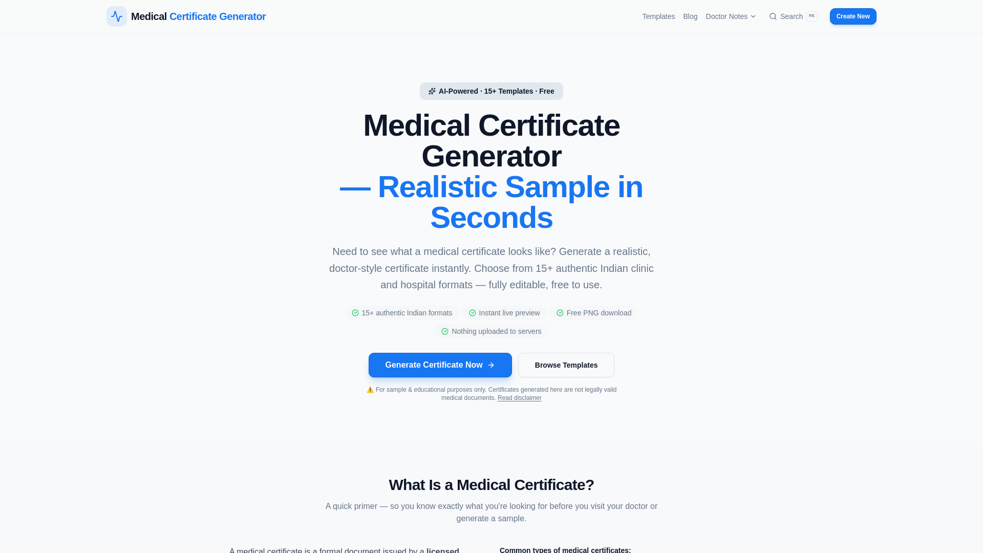 website screenshot of https://medicalcertificategenerator.co.in