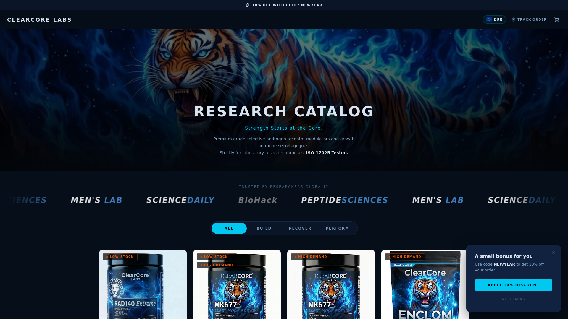 website screenshot of https://clearcorelabs.shop/