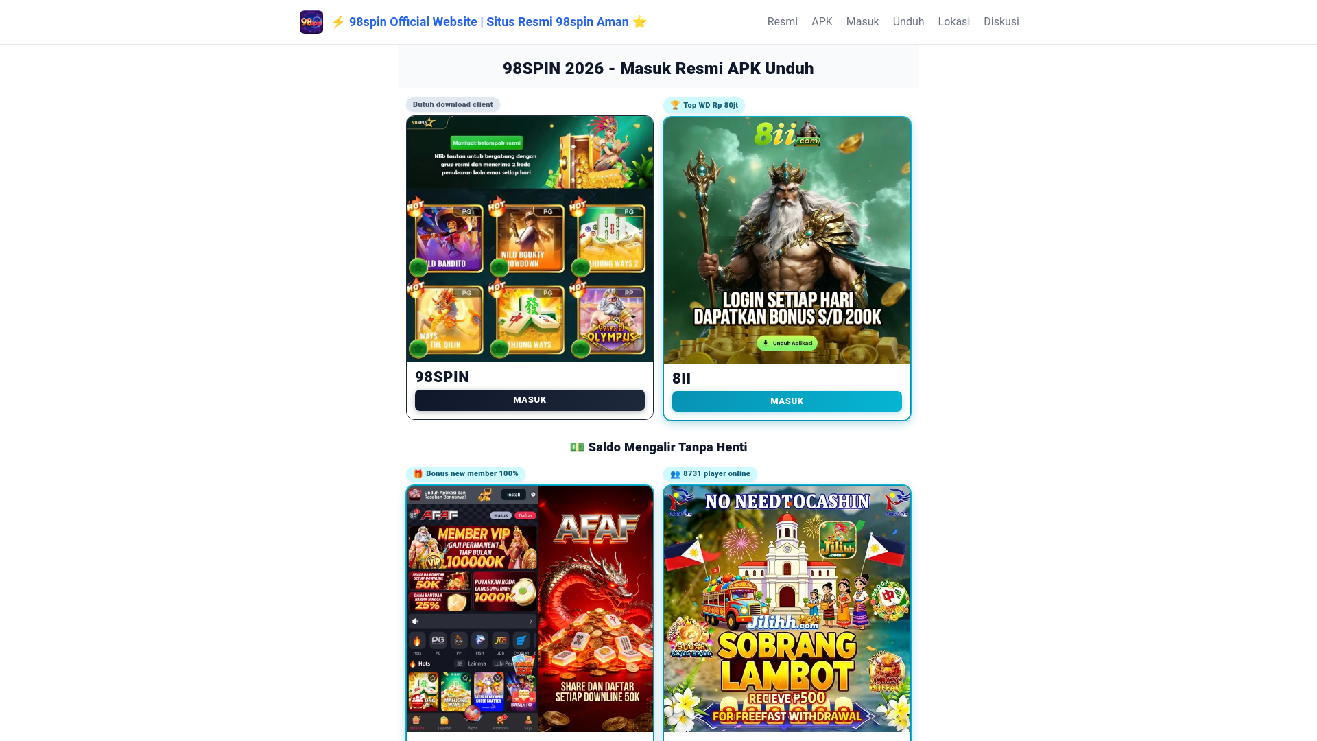 website screenshot of https://apk98spin.com/