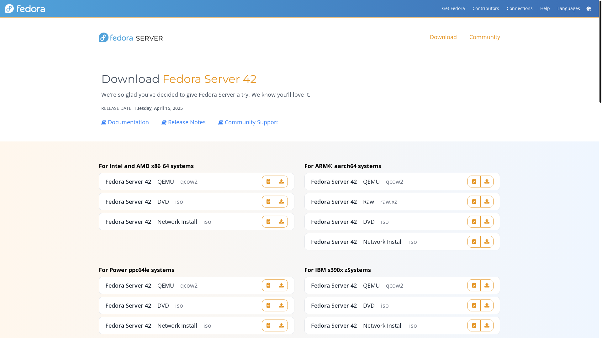 website screenshot of https://www.fedoraproject.org/server/download