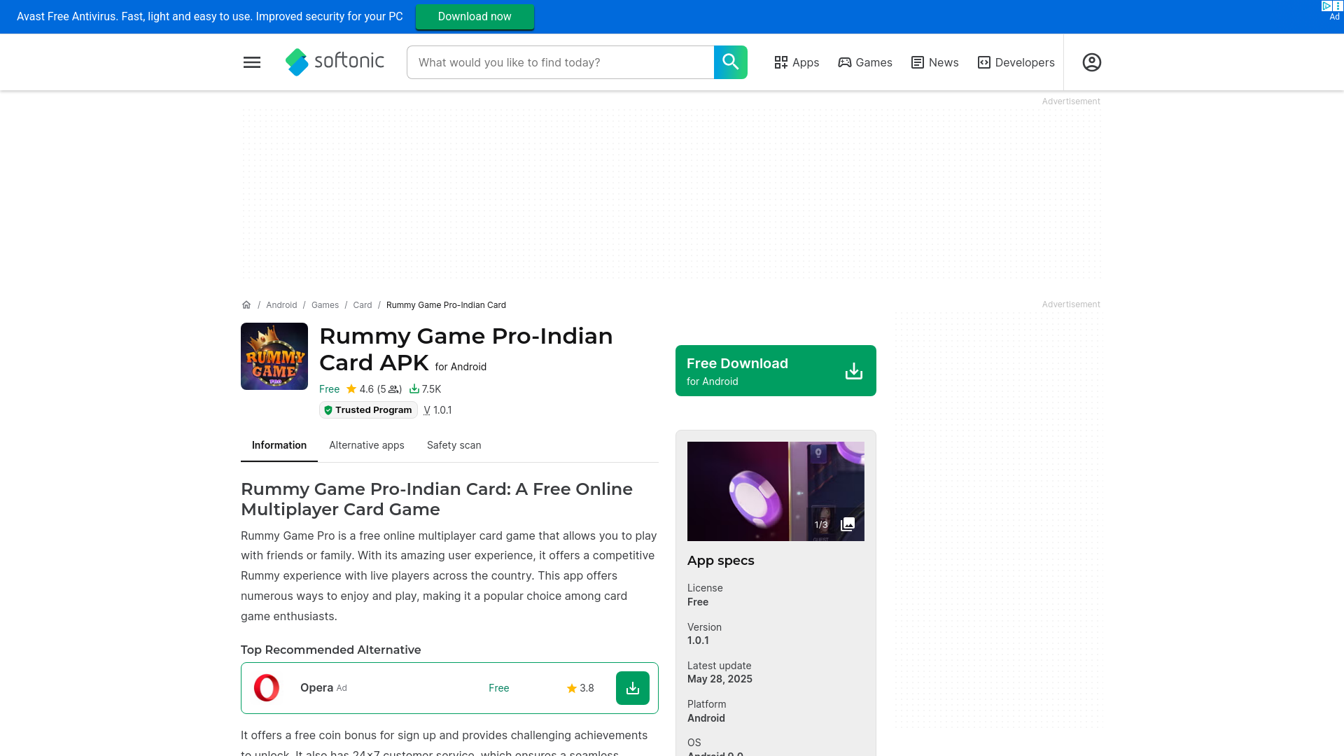 website screenshot of https://rummy-game-pro-indian-card.en.softonic.com