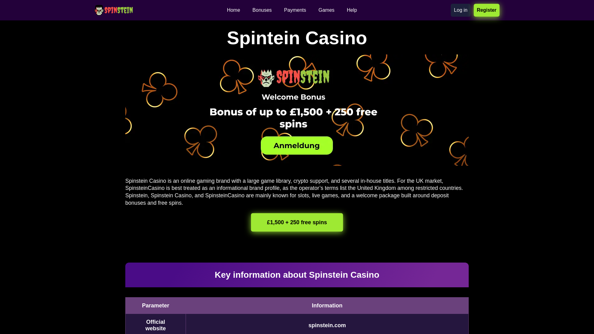 website screenshot of https://spinteincasino.uk/