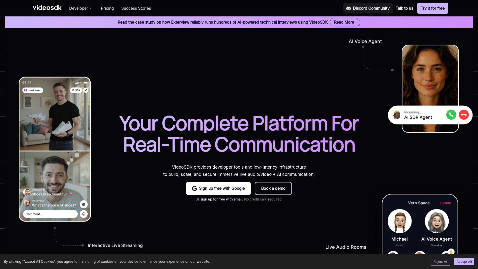 website screenshot of https://www.videosdk.live/