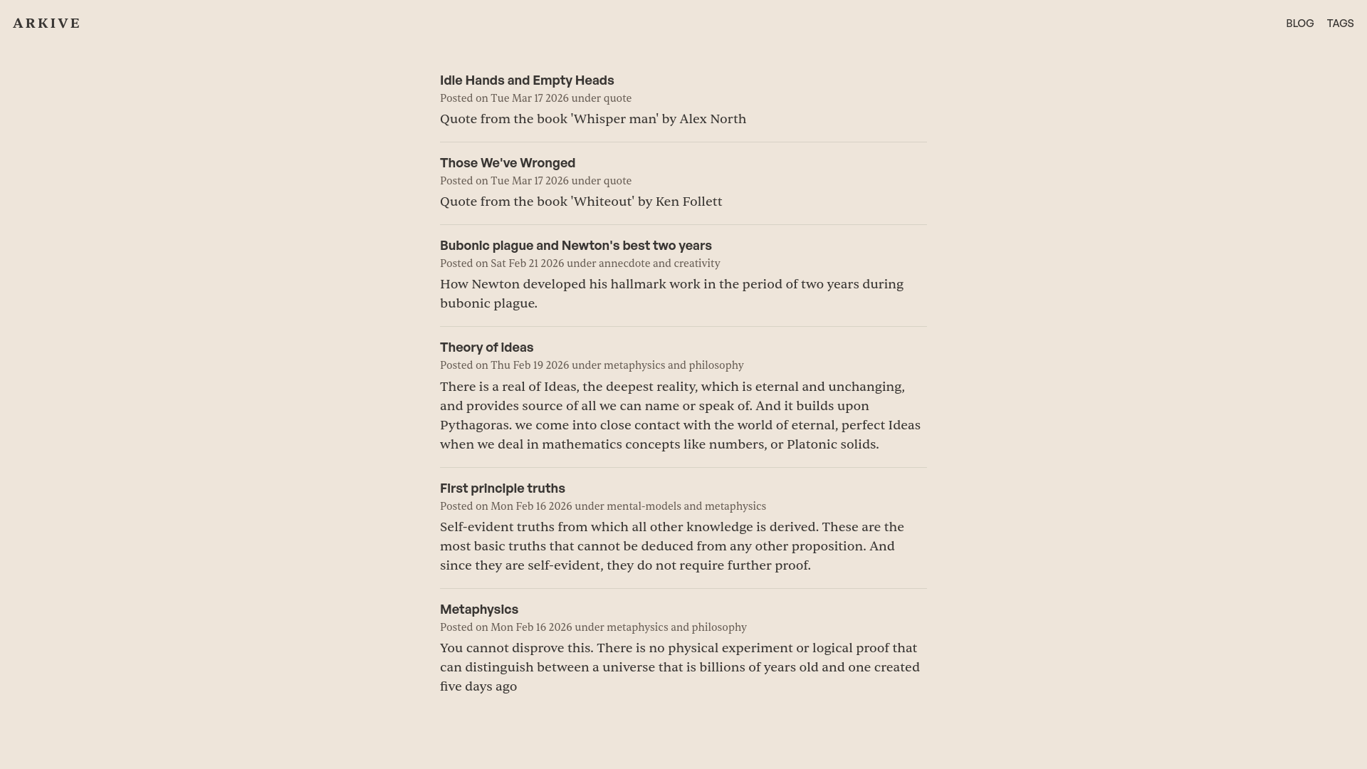 website screenshot of https://arkive.blog/