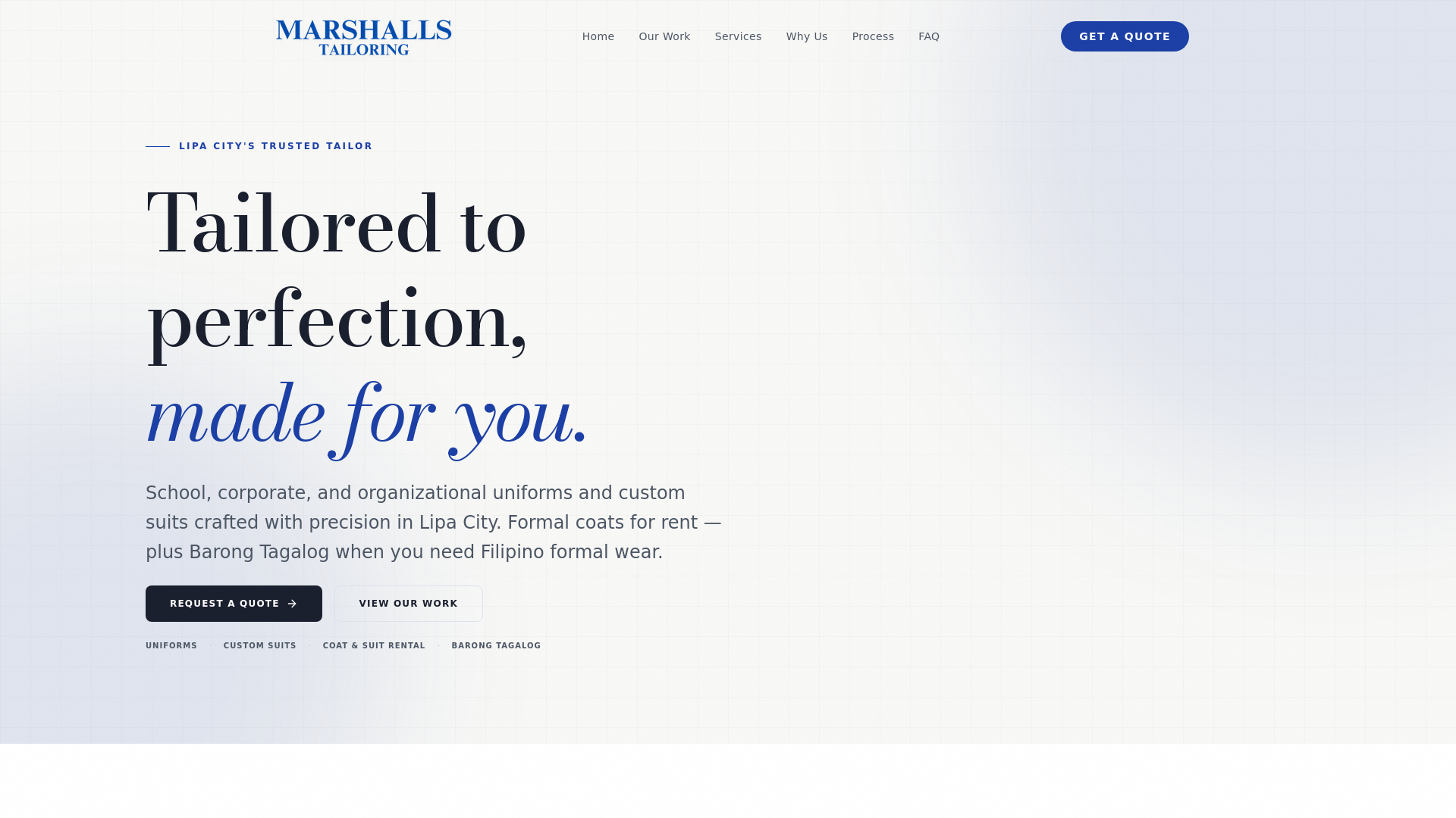 website screenshot of https://marshallstailoring.com