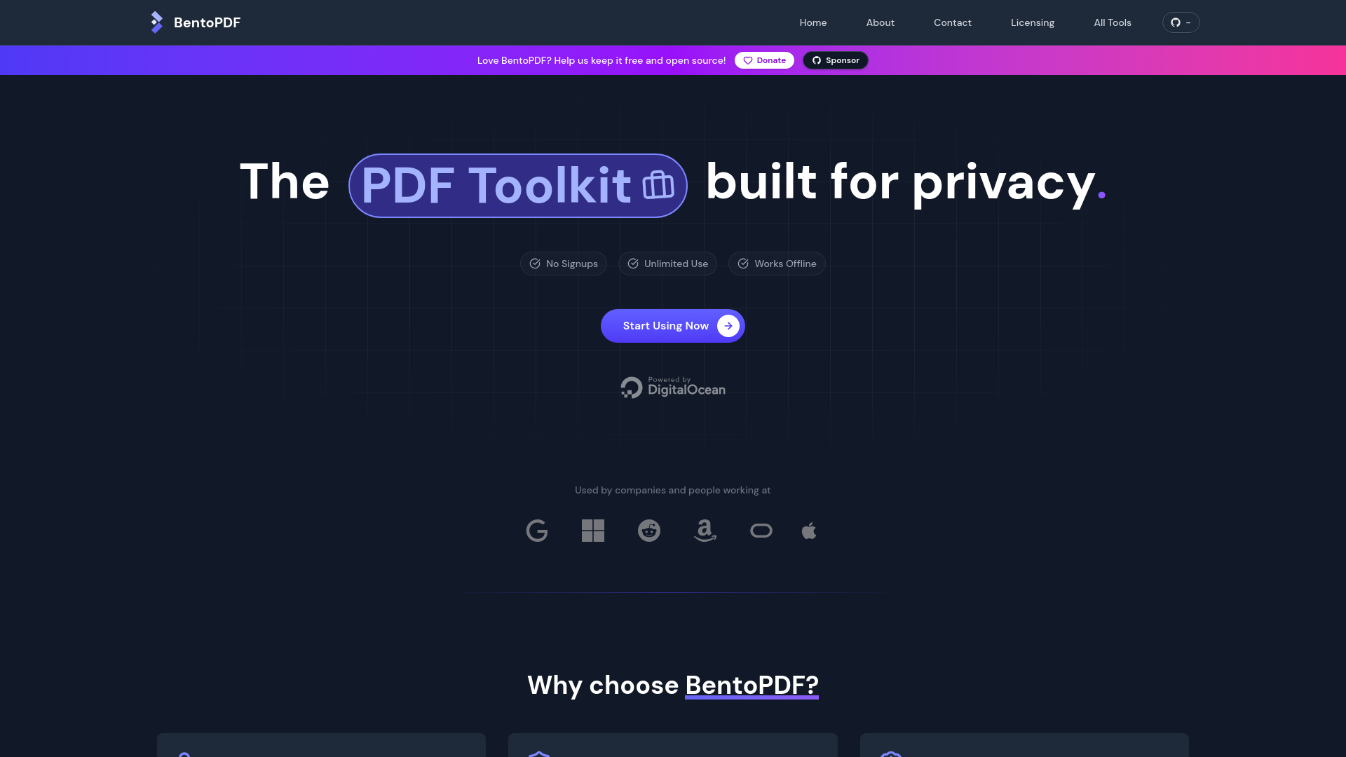 website screenshot of https://bentopdf.com/