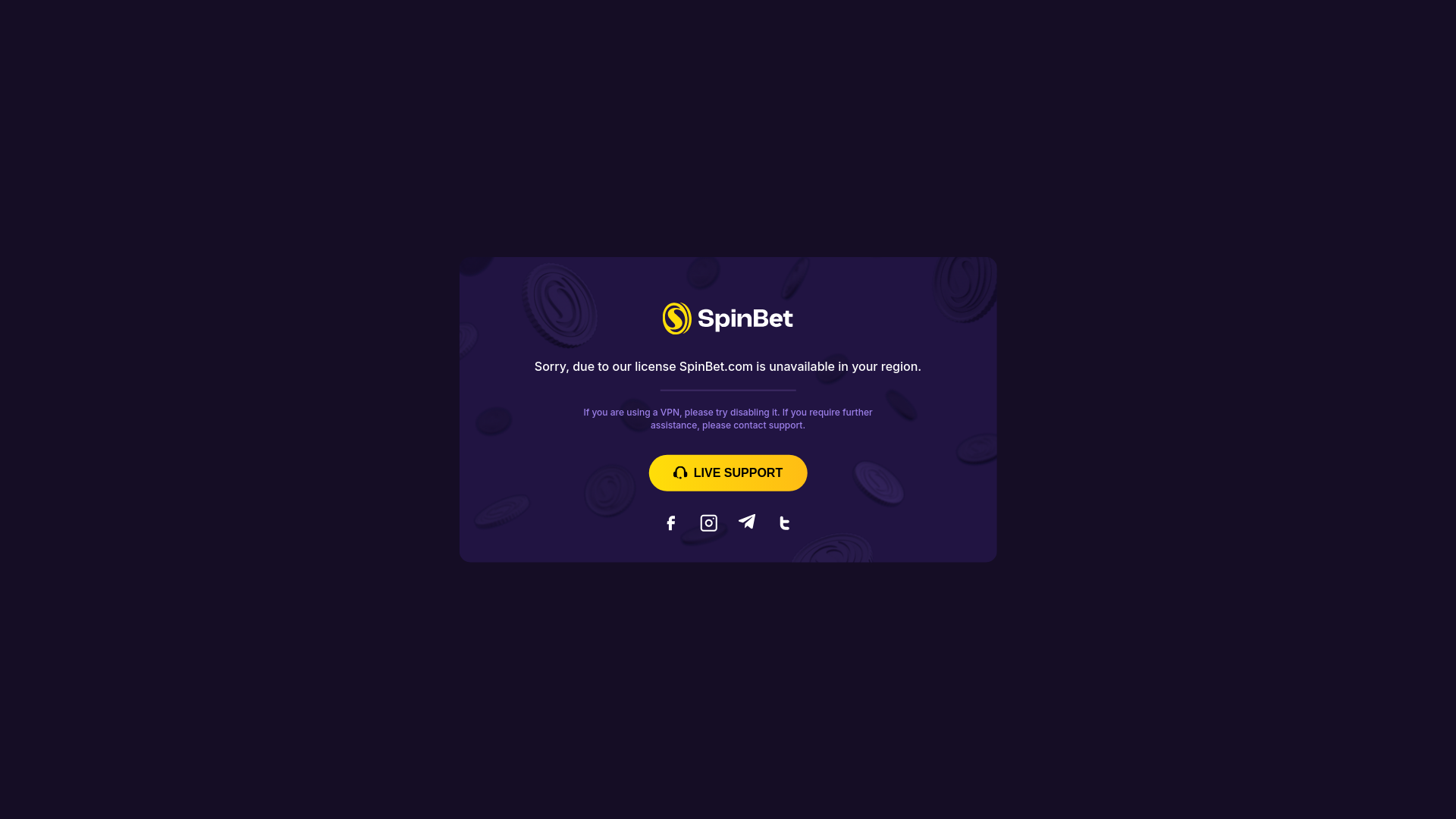 website screenshot of https://spinbetcasino.live/