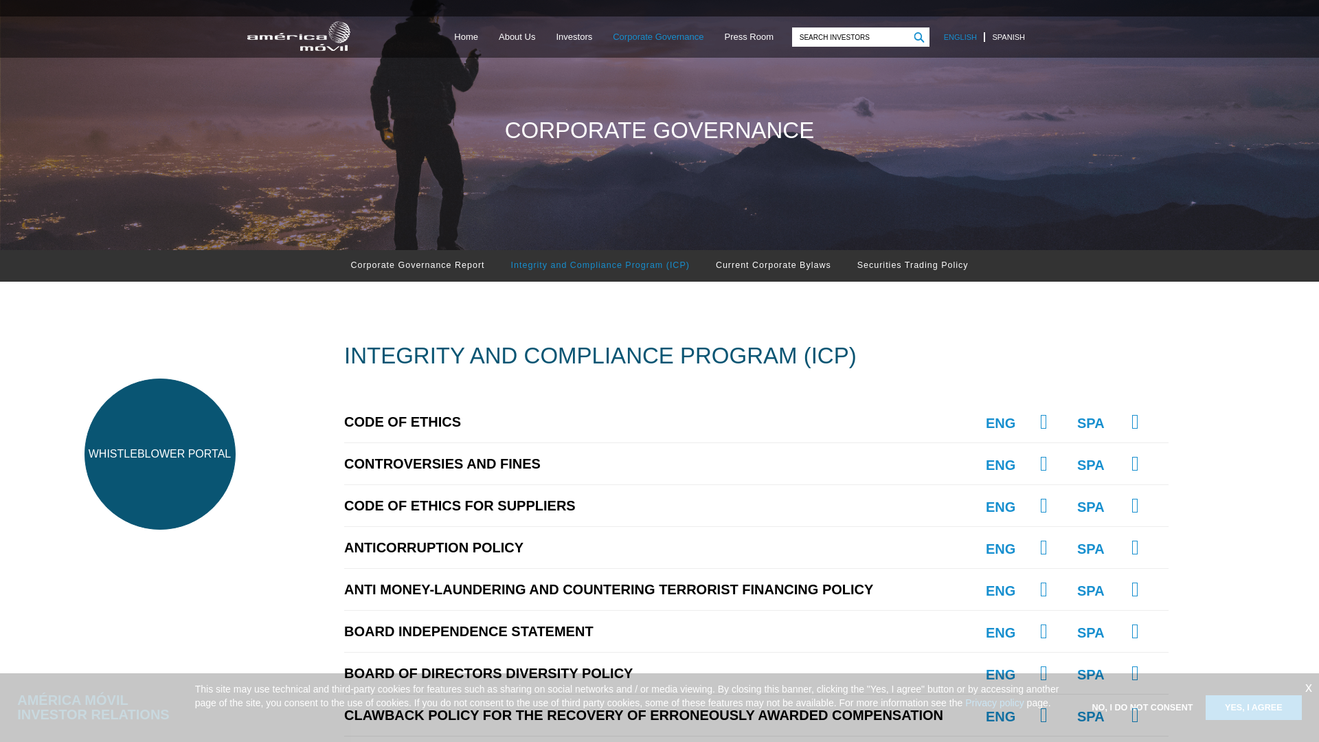website screenshot of https://www.americamovil.com/English/corporate-governance/integrity-and-compliance-program-icp/default.aspx
