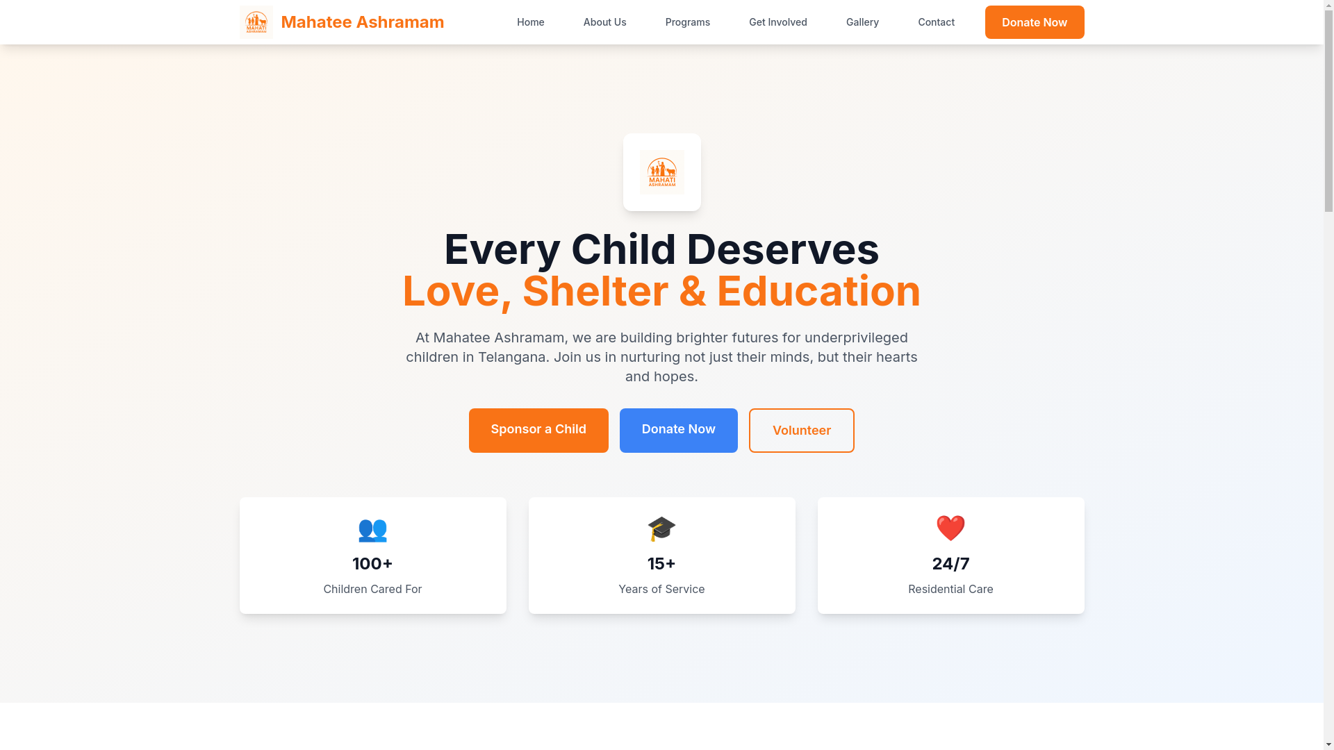 website screenshot of https://mahateeashramam.org/
