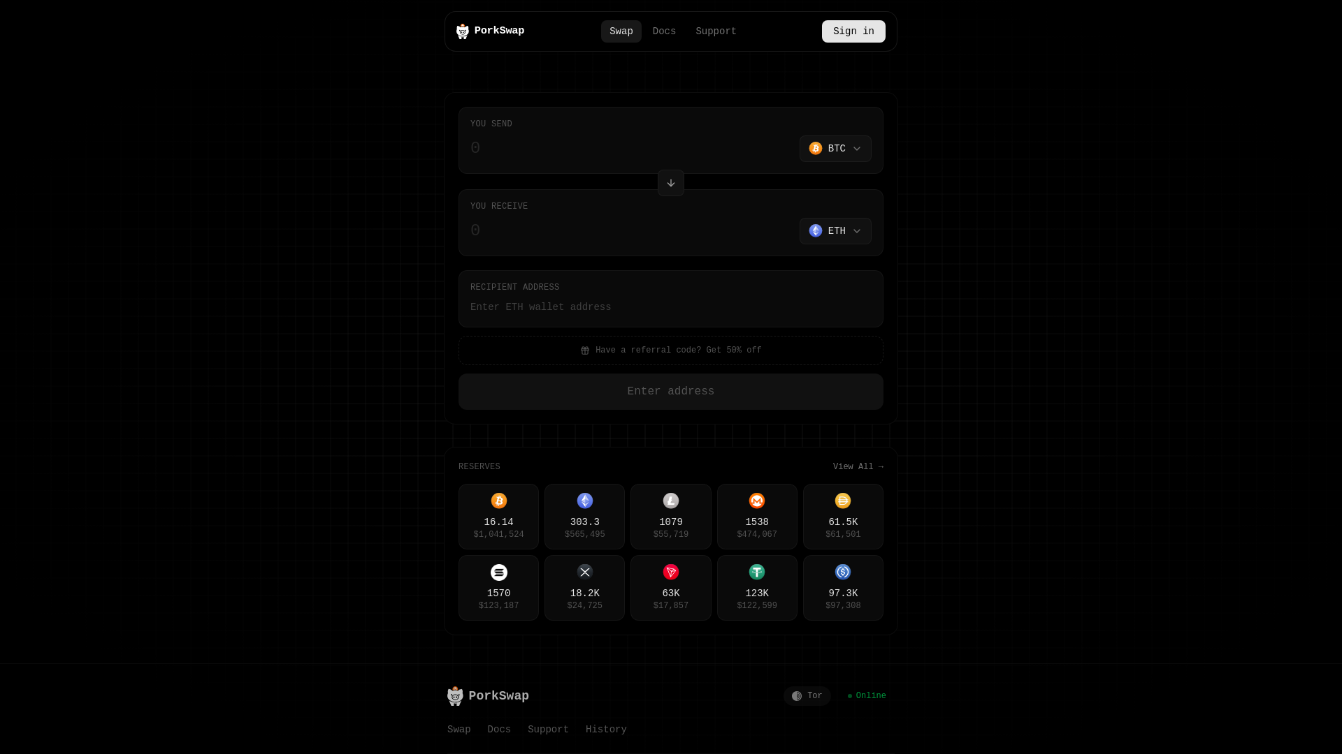 website screenshot of https://porkswap.exchange/