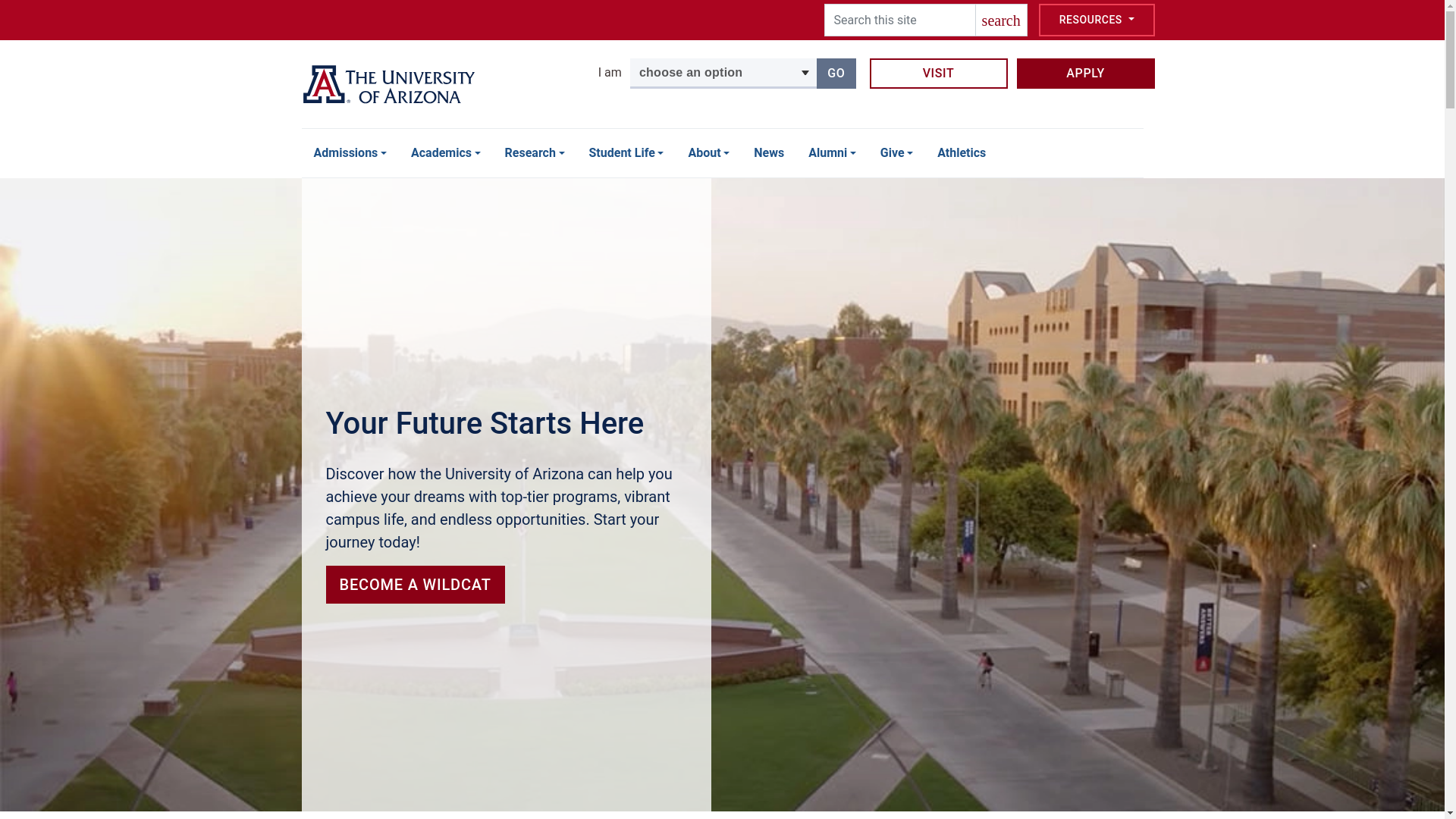 website screenshot of https://arizona.edu/