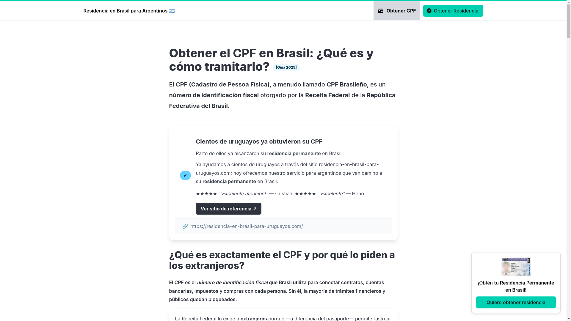 website screenshot of https://residencia-en-brasil-para-argentinos.com/