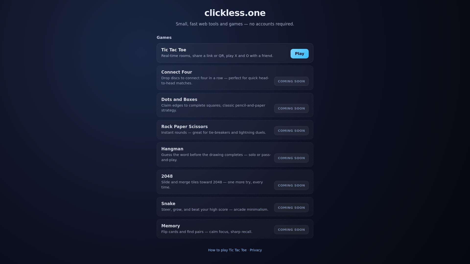website screenshot of https://clickless.one/