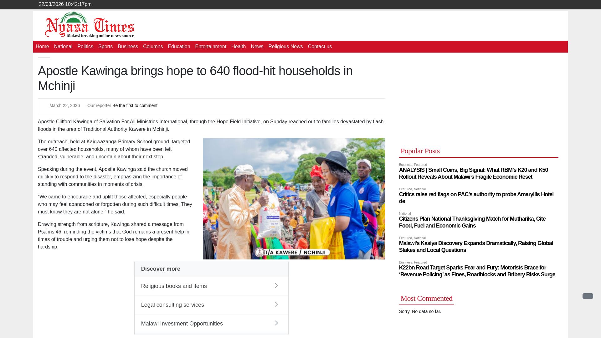 website screenshot of https://www.nyasatimes.com/apostle-kawinga-brings-hope-to-640-flood-hit-households-in-mchinji/