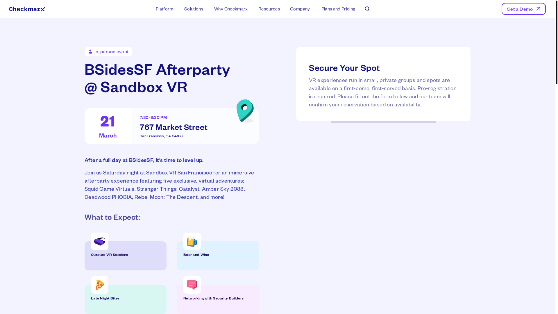 website screenshot of https://checkmarx.com/event/bsidessfafterpartysandbox-vr/