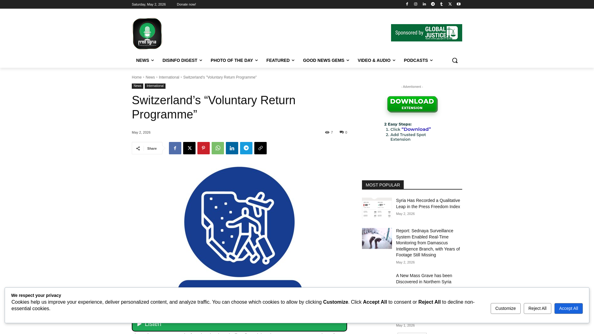website screenshot of https://radiofreesyria.com/switzerlands-voluntary-return-programme/