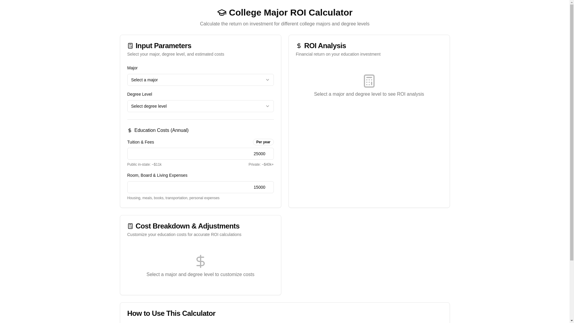 website screenshot of https://collegemajorcalculator.com/