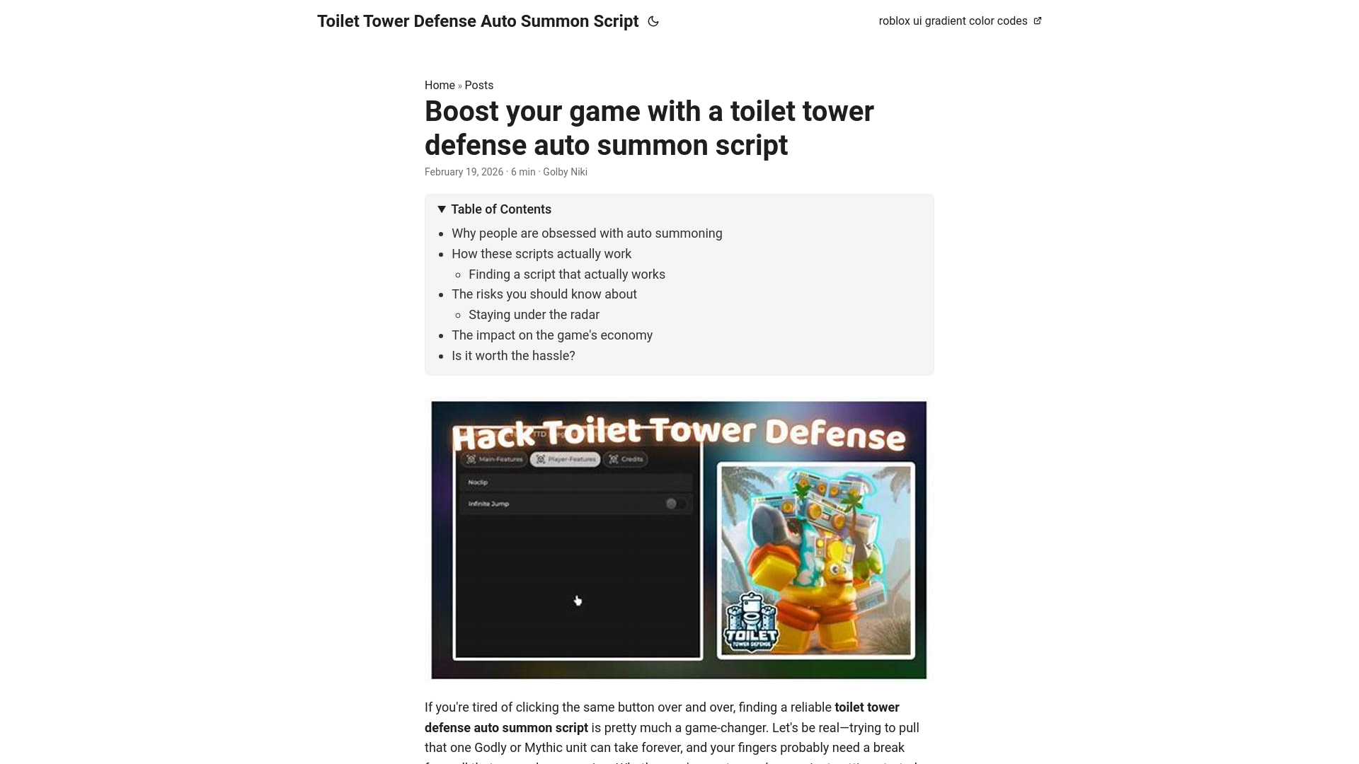 website screenshot of https://toilet-tower-defense-auto-summon-script.pages.dev/