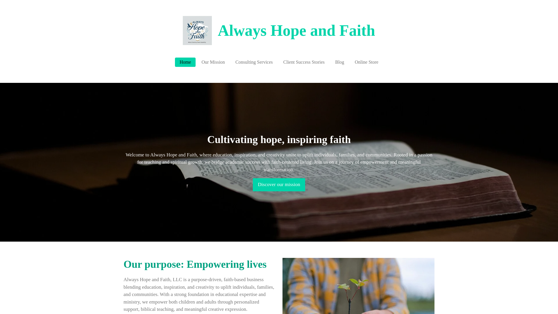 website screenshot of https://alwayshopeandfaith.com/