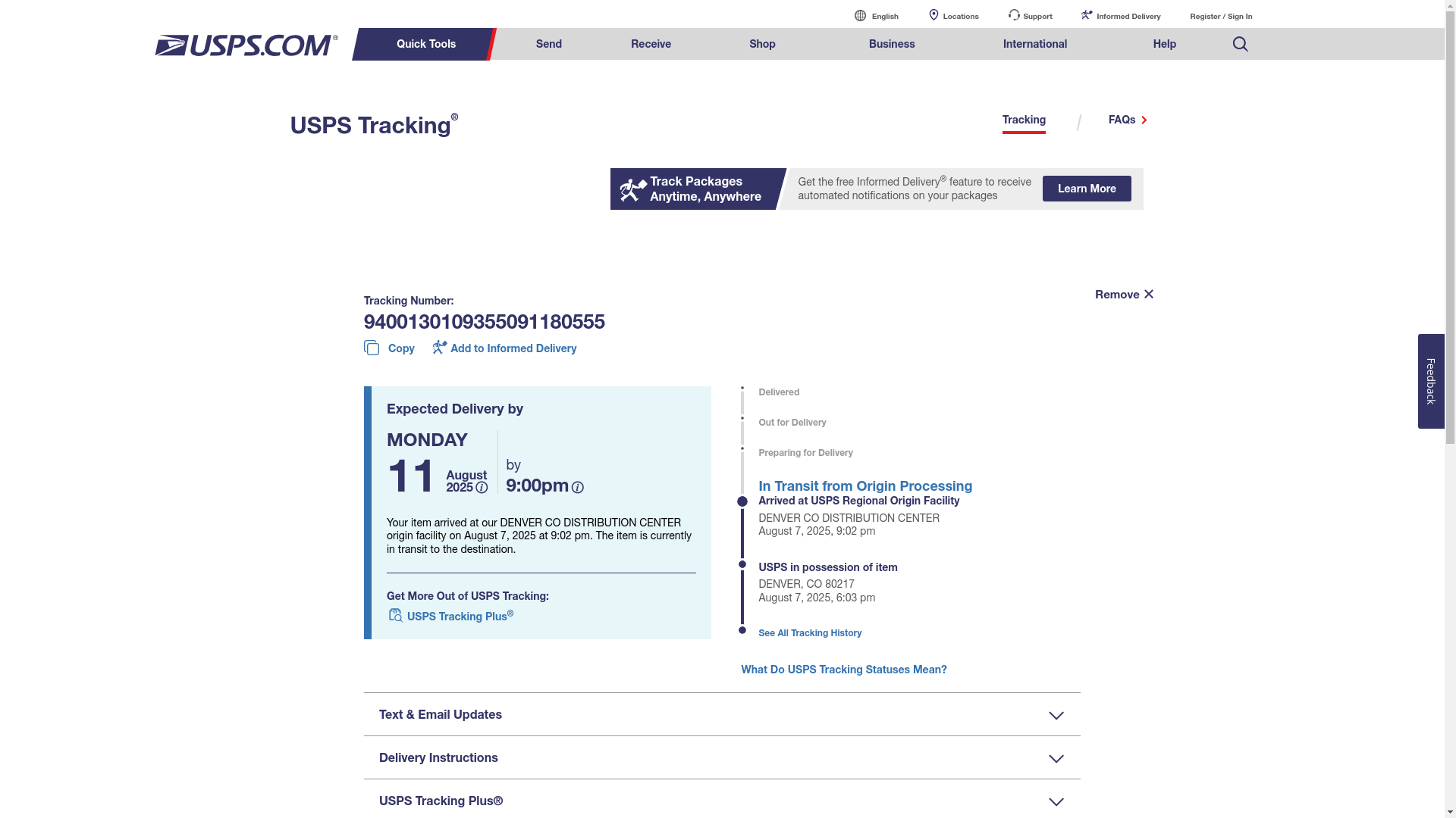 website screenshot of https://tools.usps.com/go/TrackConfirmAction?tLabels=9400130109355091180555&utm_source=other&utm_medium=email&utm_content=tracking-number&utm_campaign=trackingnotify