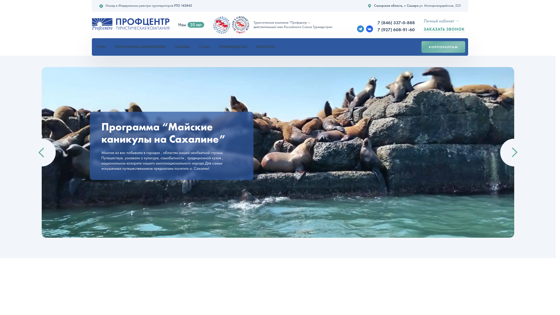 website screenshot of https://proftours.ru/