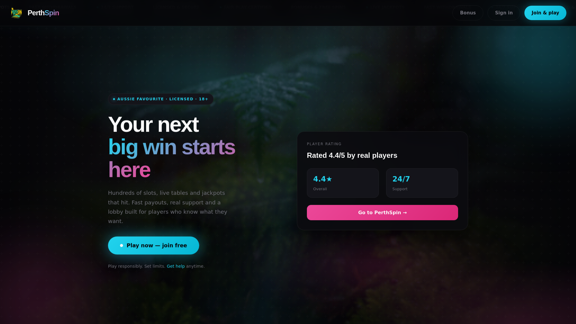website screenshot of https://perthspin-bet.com