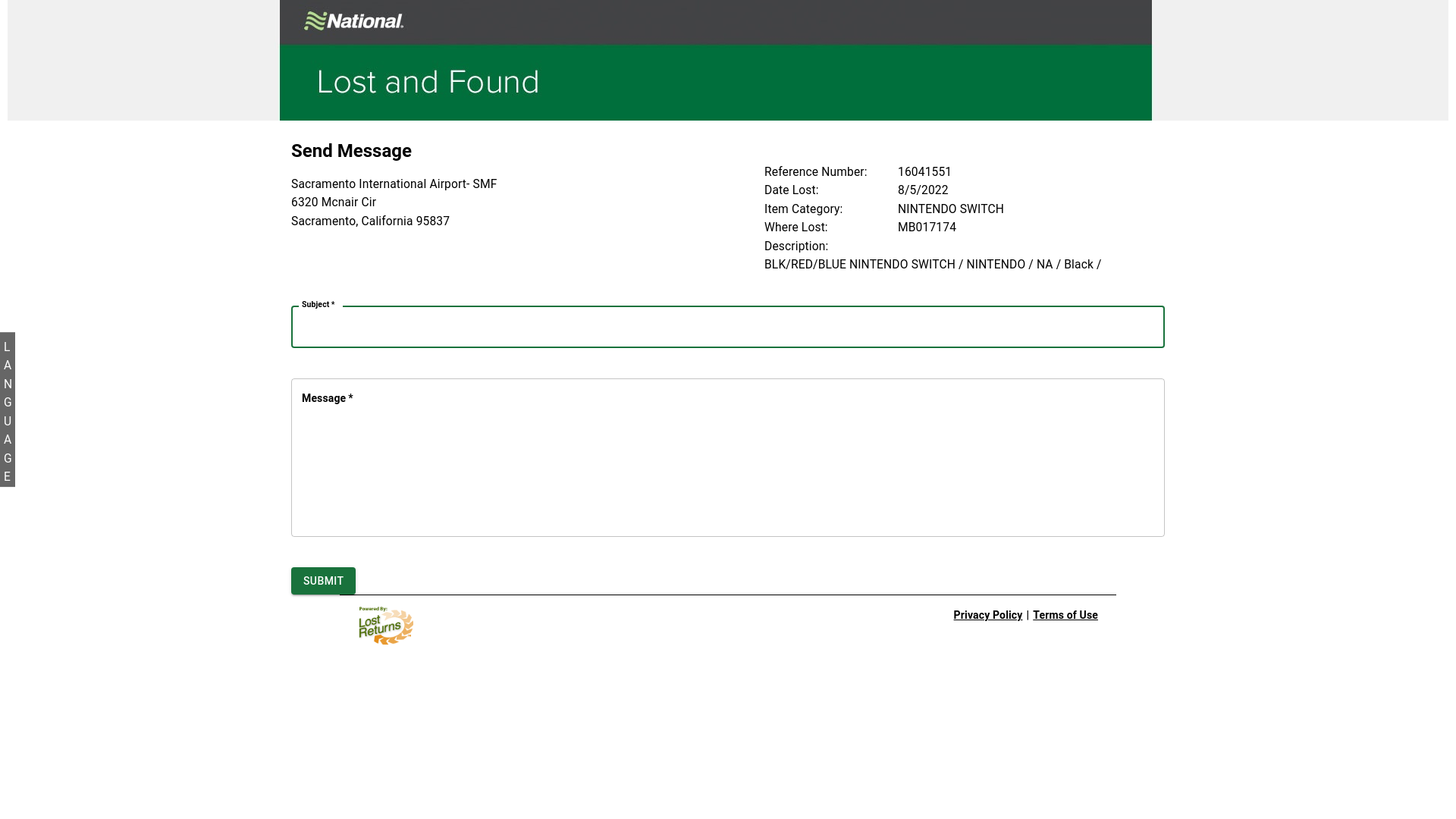 website screenshot of https://www.lostreturns.com/index.php?page=Partners.PublicLostItemContact&data=VTJGc2RHVmtYMS90YWJYbmZ2ckttcWhQbXp3c1hKRHZROEN5dzYydmM1UG0wemQrN0dtY09tK0FuZlNOWEl2N3JEK2FYdlpyYVFNYWZYaXVreDNIOFdJOUdQY0pmV0hlaThOOWYrS0hVMld3OWMzN0RBSHdRSUJoYVRzbVowN0M=&Key=