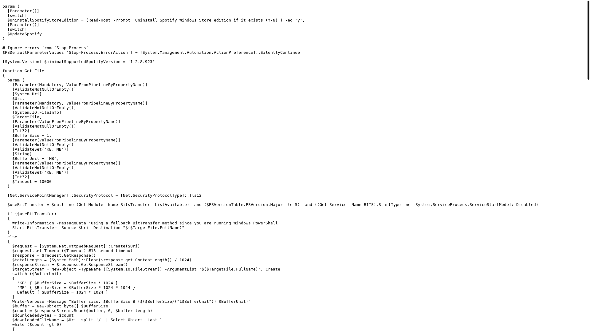 website screenshot of https://raw.githubusercontent.com/mrpond/BlockTheSpot/master/install.ps1