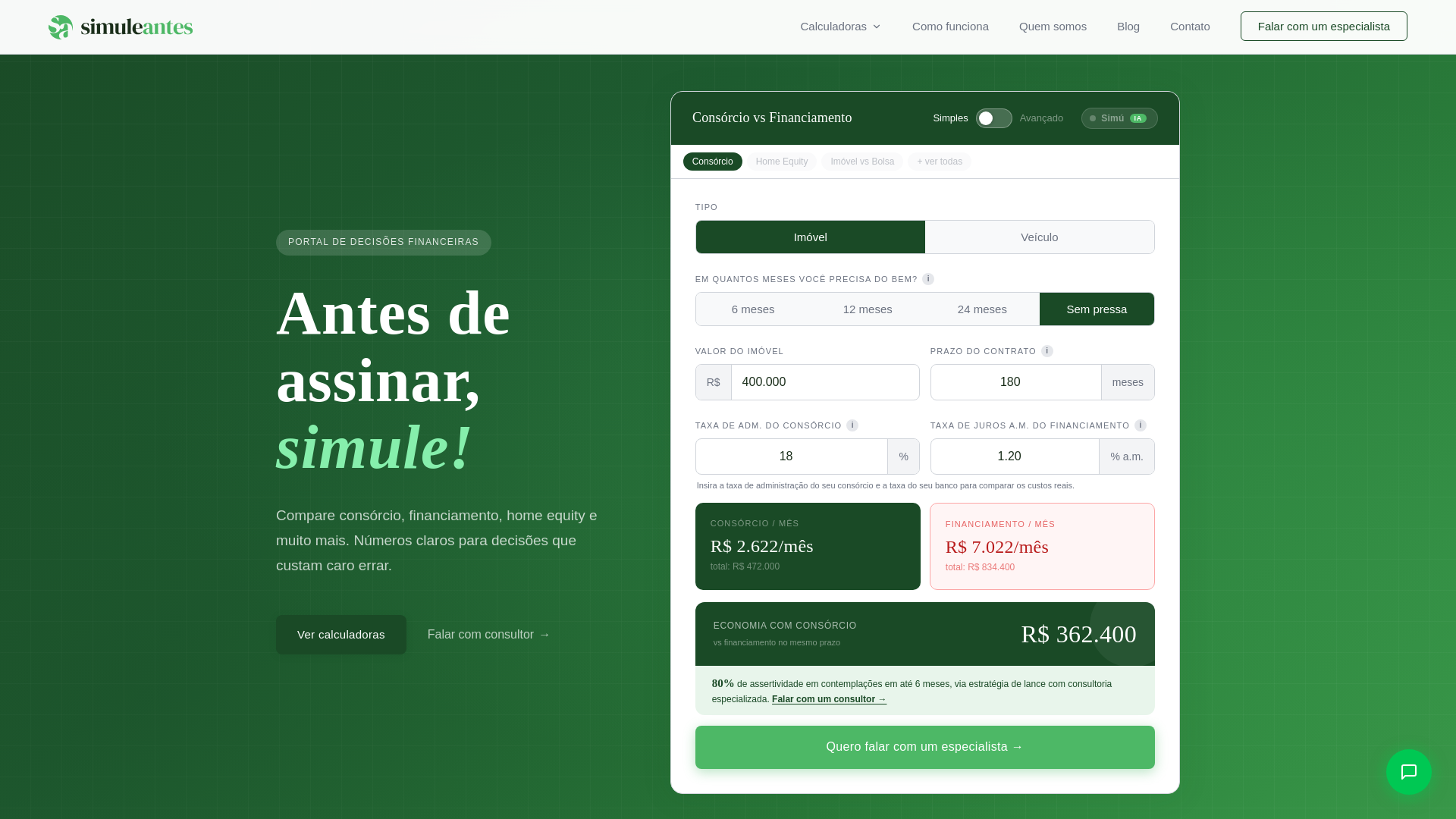 website screenshot of https://simuleantes.com.br