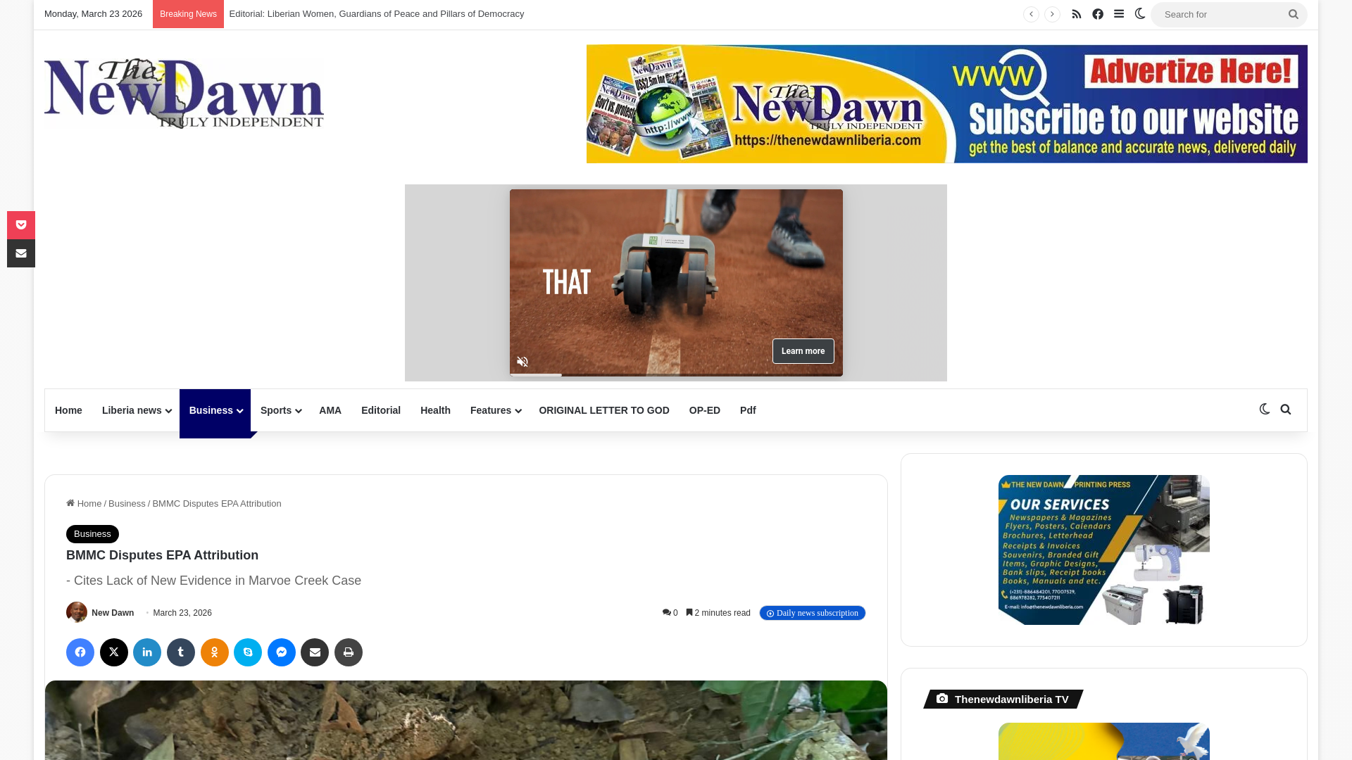 website screenshot of https://www.thenewdawnliberia.com/bmmc-disputes-epa-attribution/