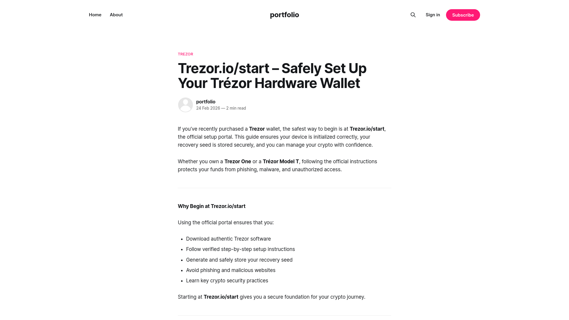 website screenshot of https://begin-connect.ghost.io/initialize-trezor/