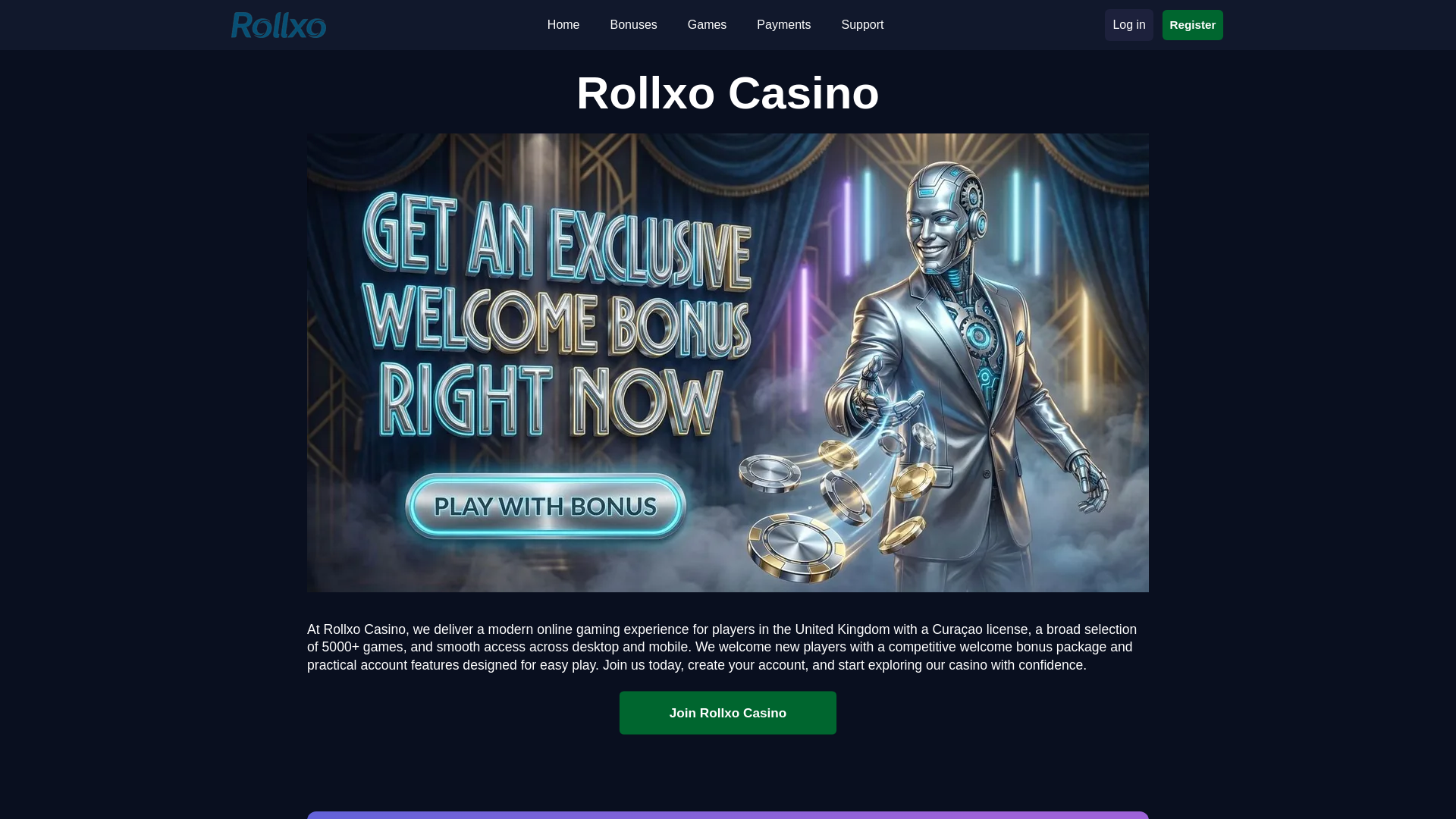 website screenshot of https://rollxocasino.co.uk/