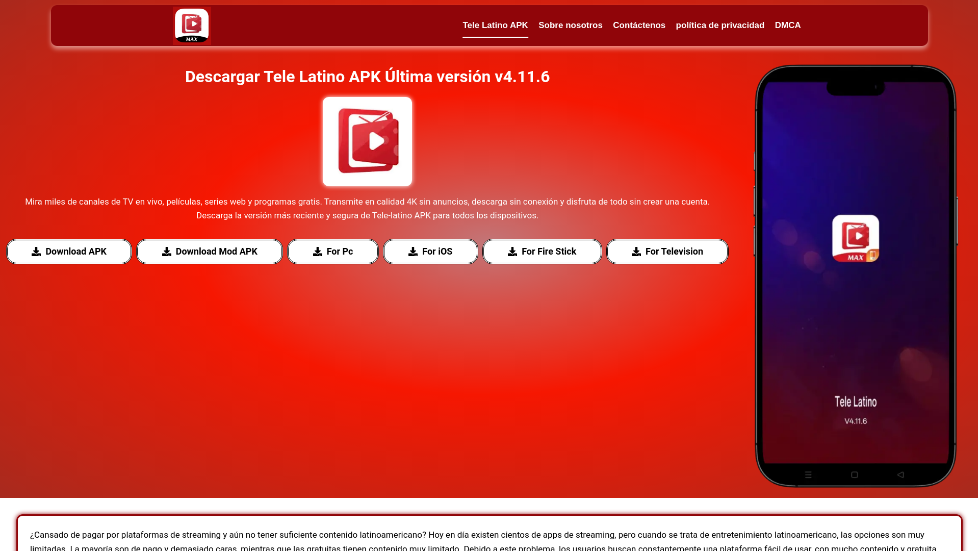 website screenshot of https://tele-latinoapk.com/