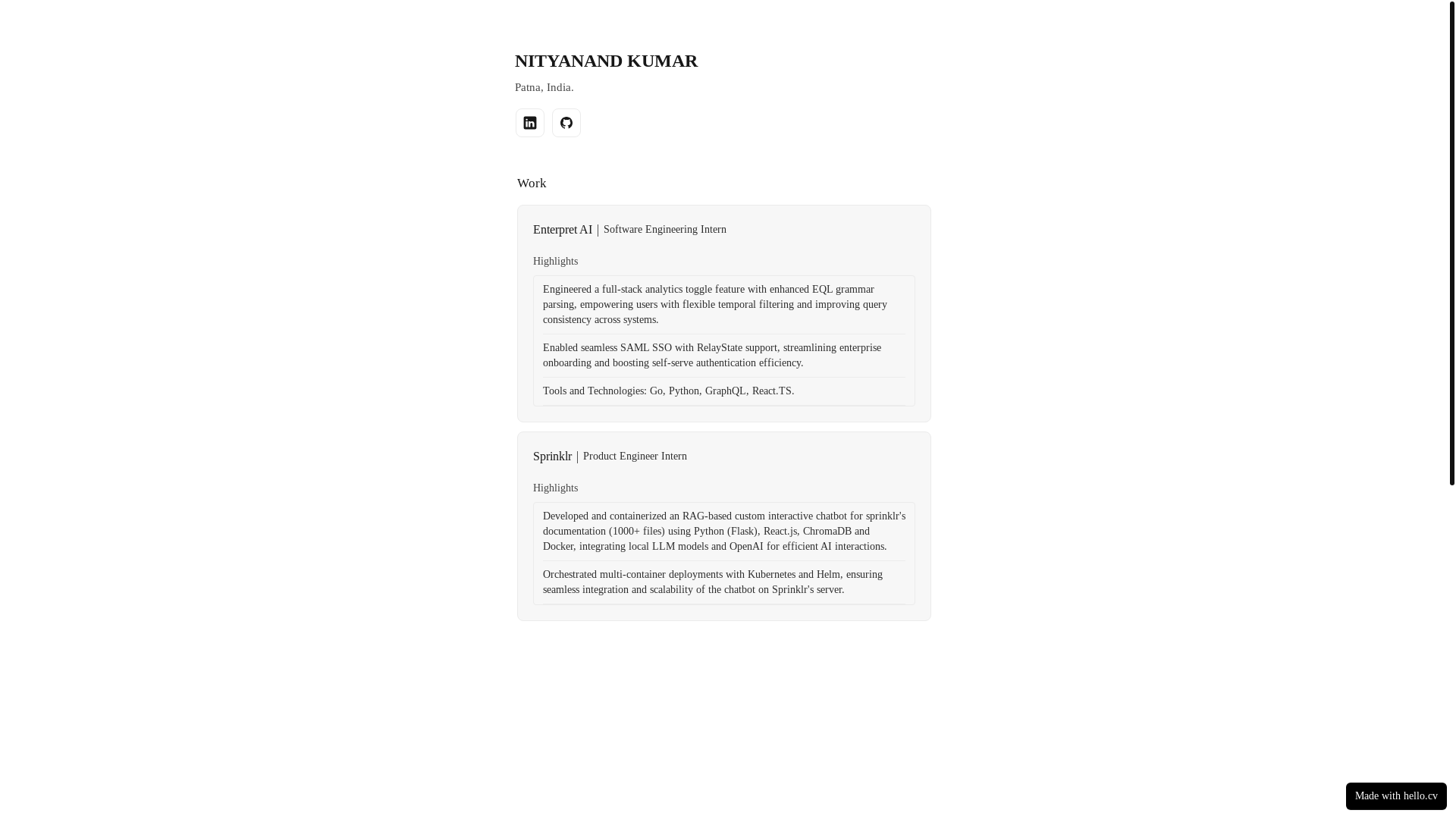website screenshot of https://nityanandkumar.cv/