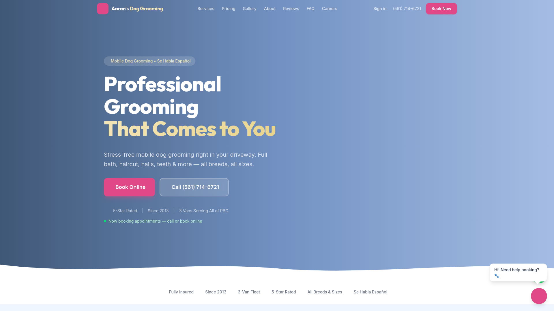 website screenshot of https://aaronsmobiledoggrooming.com/