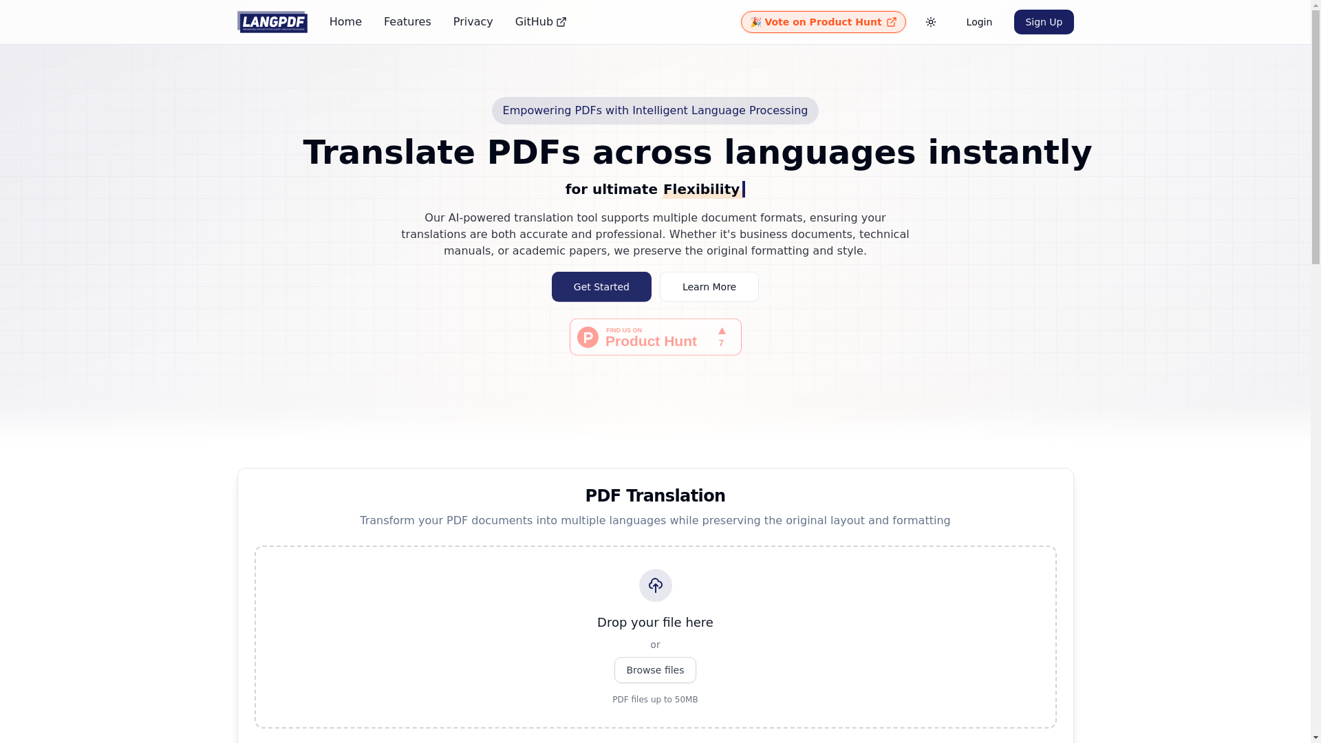website screenshot of https://langpdf-fluent-transform.pages.dev/