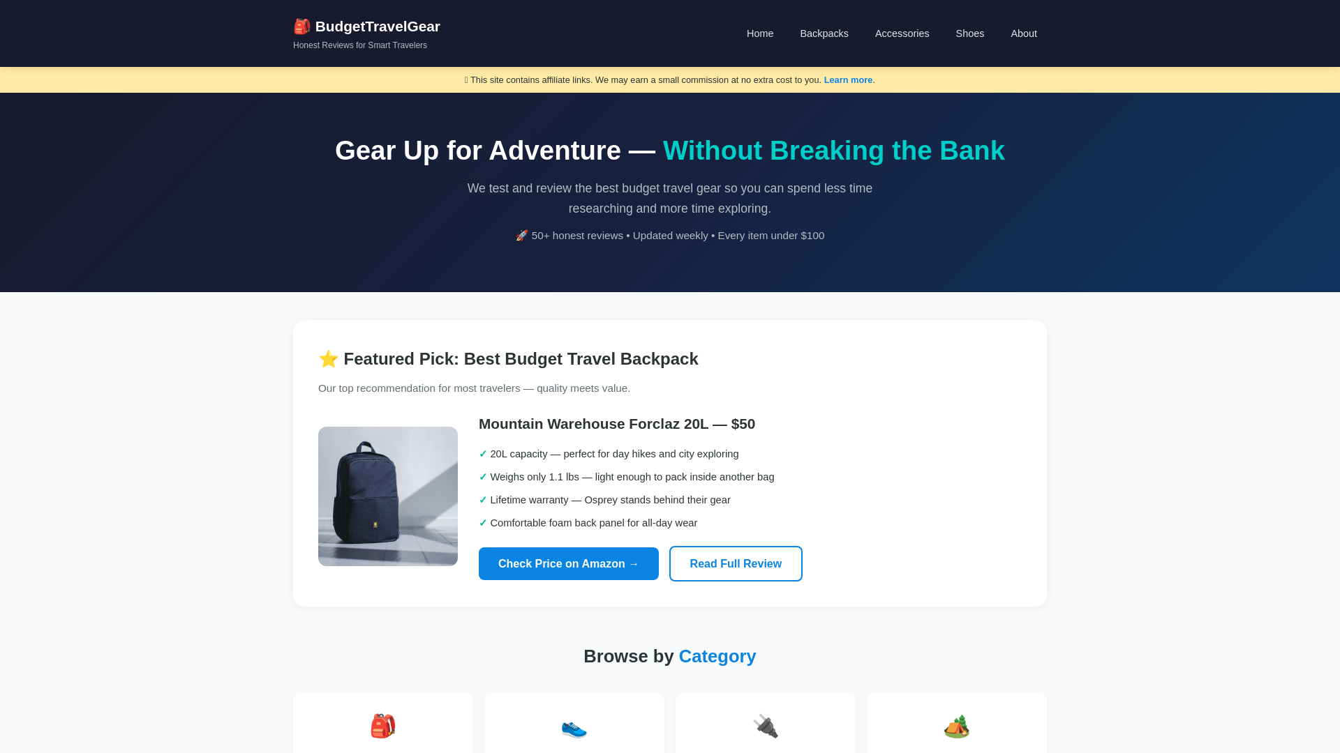 website screenshot of https://budget-travel-gear.pages.dev/
