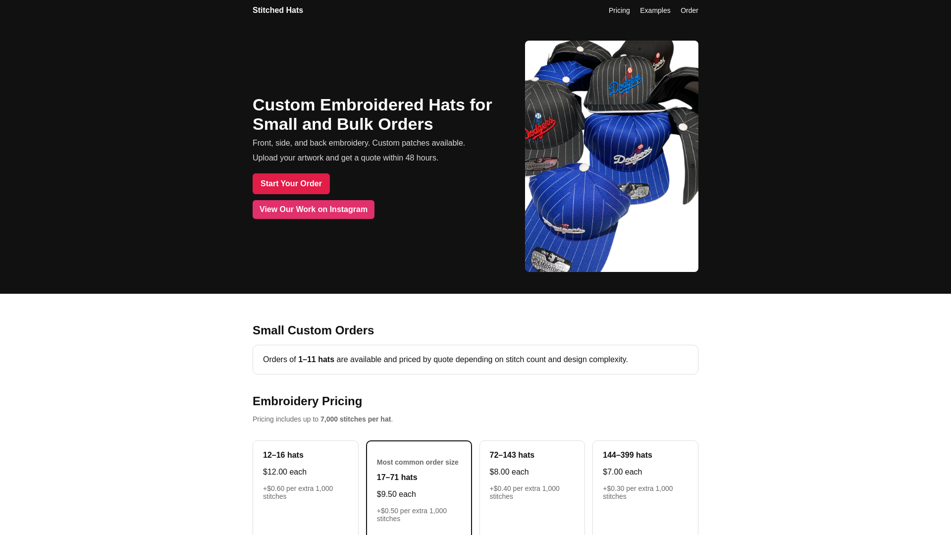 website screenshot of https://stitchedhats.shop/