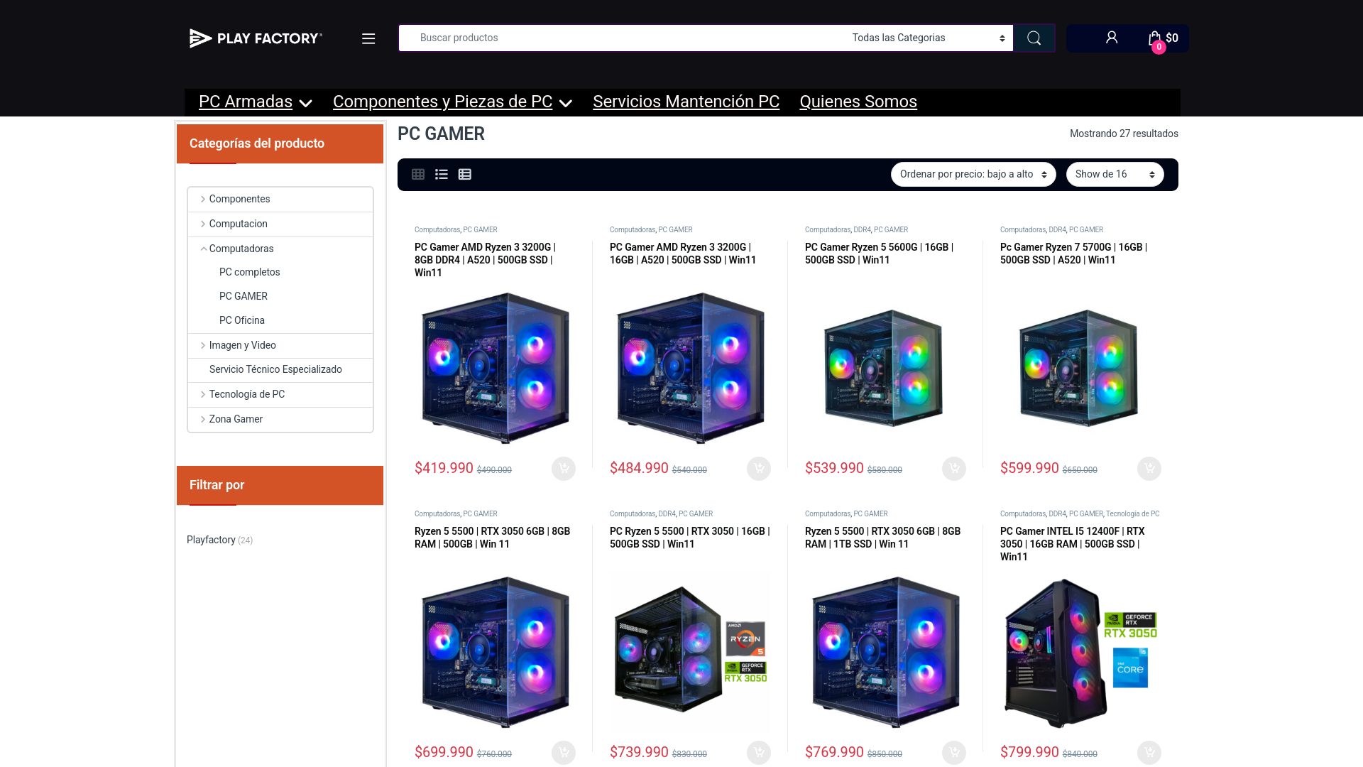 website screenshot of https://playfactory.cl/computador-armado/pc-gamer-chile/