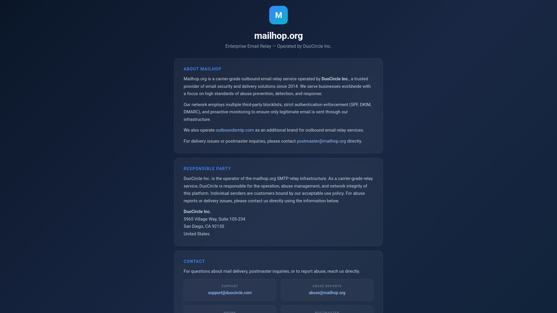 website screenshot of https://mailhop.org/