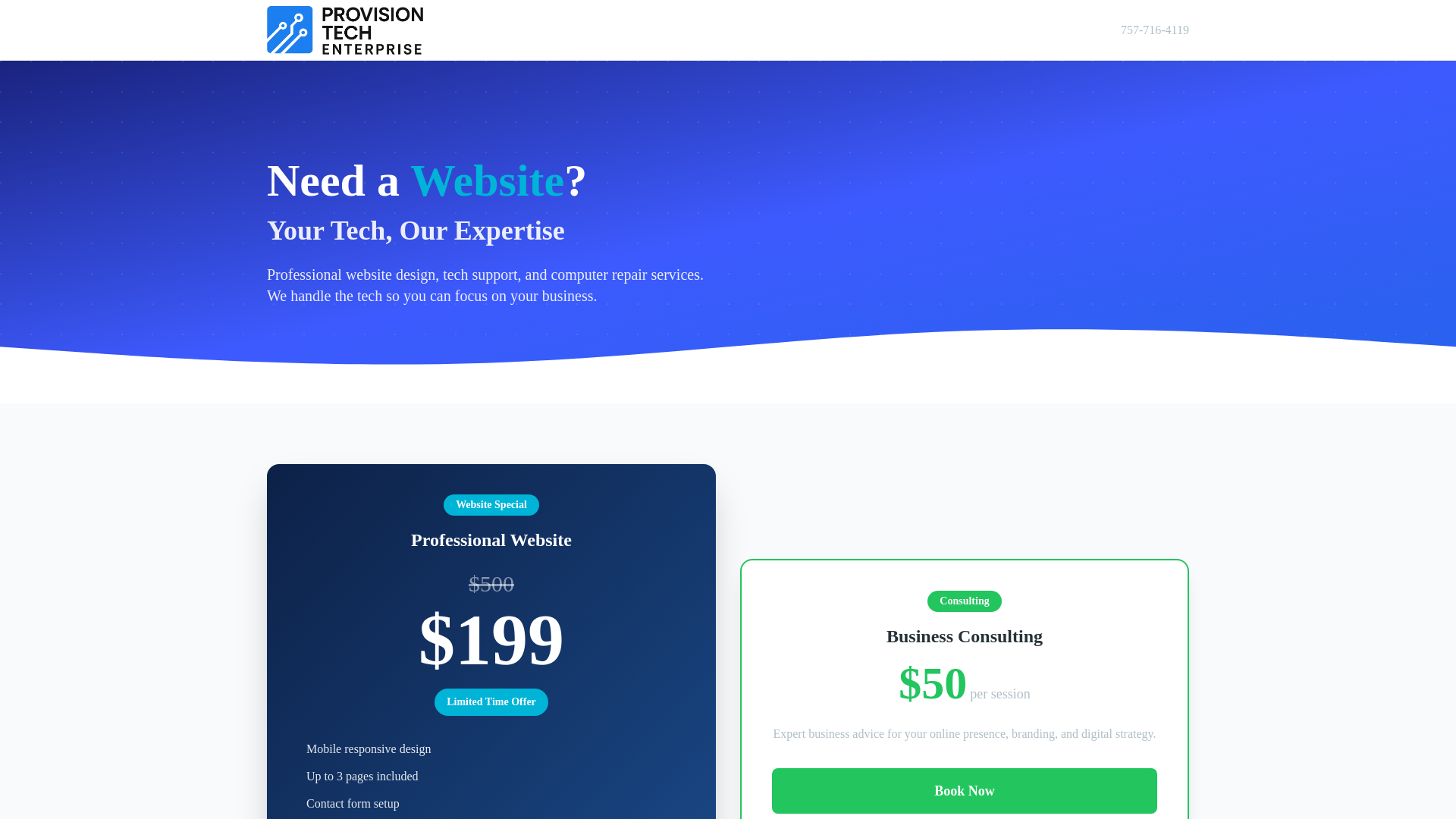 website screenshot of https://provisiontechenterprise.com